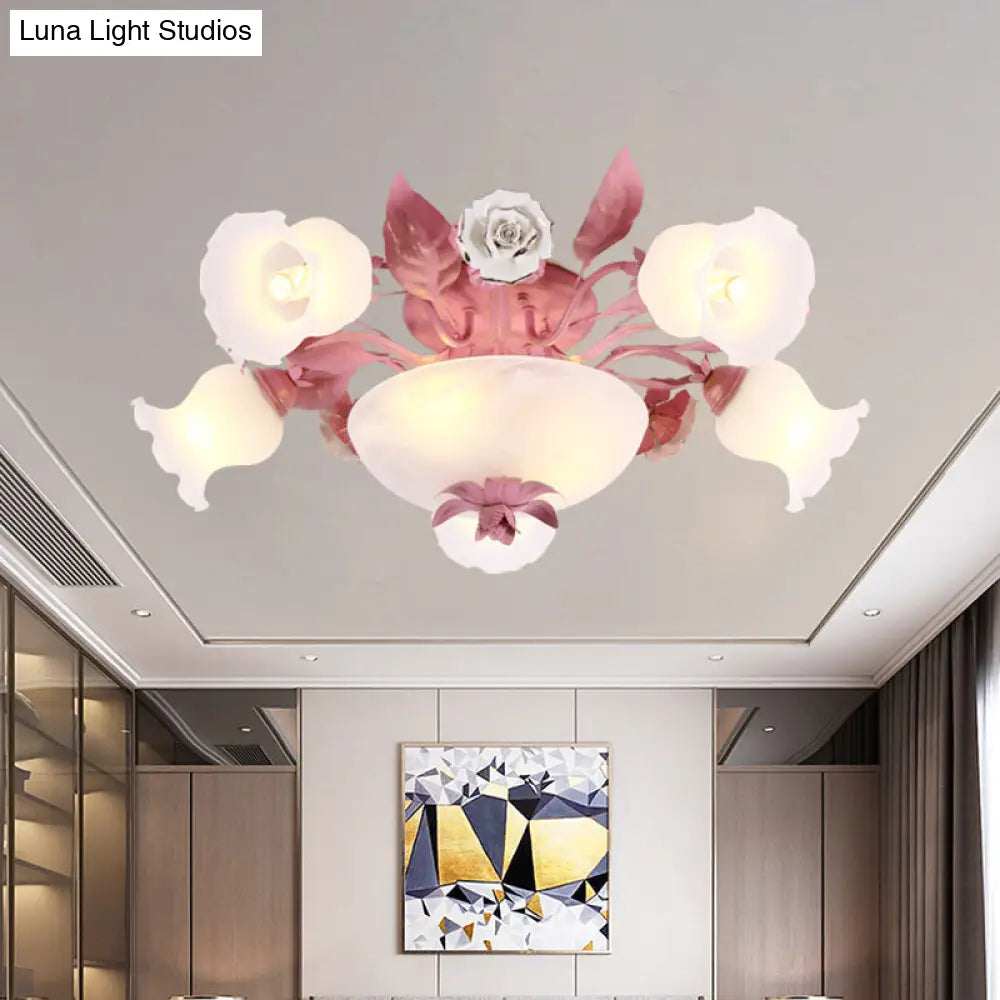 Korean Garden Opal Glass Semi-Flush Ceiling Light - Pink Blossom Design | Mounts Flush In