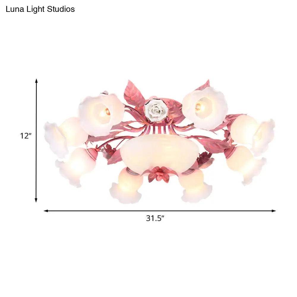 Korean Garden Opal Glass Semi-Flush Ceiling Light - Pink Blossom Design | Mounts Flush In