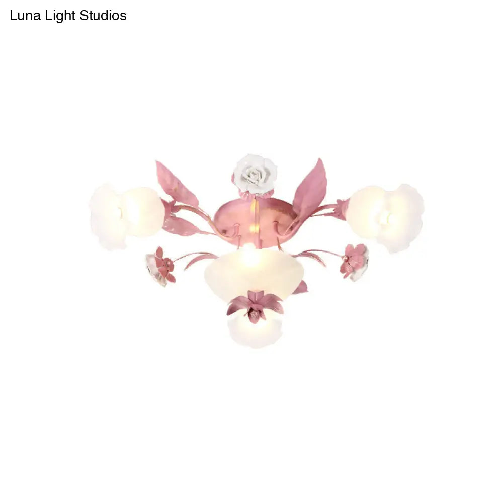 Korean Garden Opal Glass Semi-Flush Ceiling Light - Pink Blossom Design | Mounts Flush In