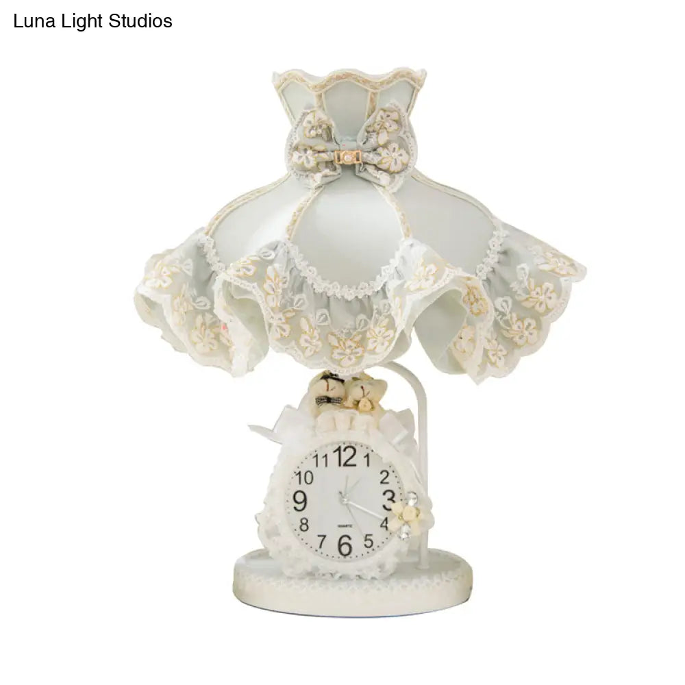 Korean Garden White Nightstand Lamp: Ruffled Fabric Shade Clock And Soft Bedroom Night Light