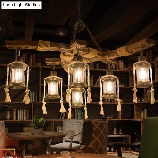 Lantern Restaurant Island Light - Clear Glass & Wood Hanging Lamp With 6 Lights
