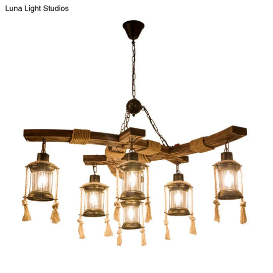 Lantern Restaurant Island Light - Clear Glass & Wood Hanging Lamp With 6 Lights