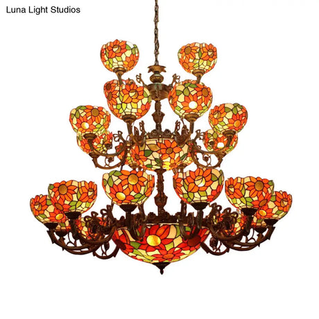 Large 3-Tier Rustic Stained Glass Floral Ceiling Chandelier Pendant