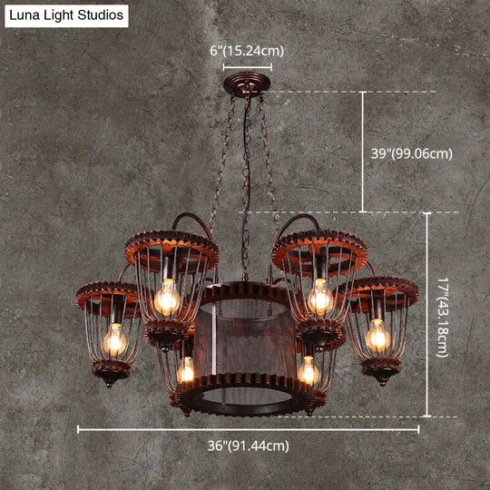 Rust Finish Large Cage Chandelier: Wrought Iron Industrial Pendant Light Fixture