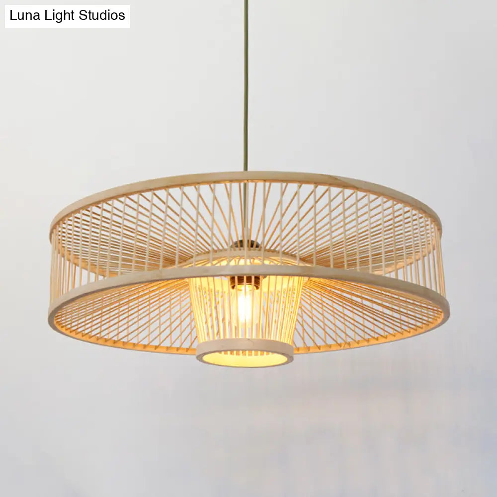 Laser Cut Bamboo Pendant Light With Japanese-Inspired Design In Beige