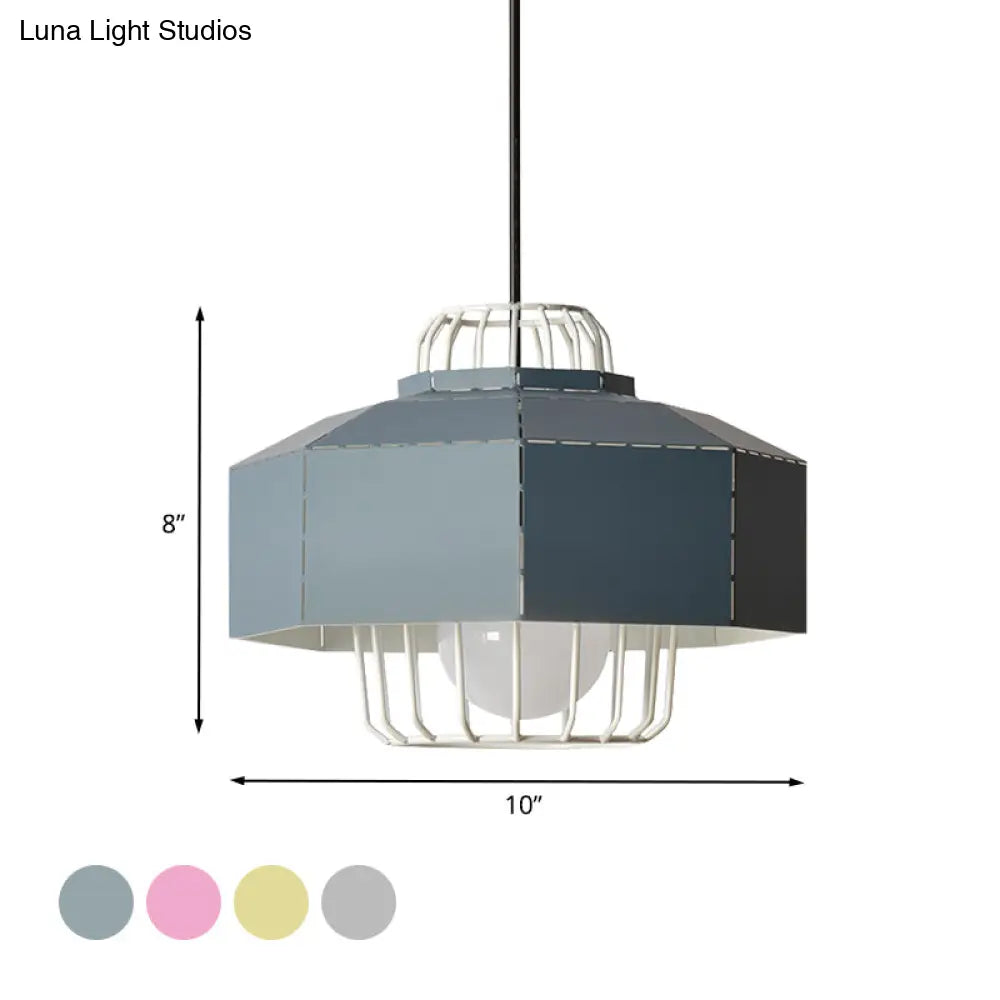 Laser Cut Hanging Lantern Macaron Pendant Light - Grey/Blue/Pink With Wire Cage Insert