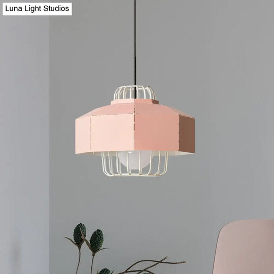 Laser Cut Hanging Lantern Macaron Pendant Light - Grey/Blue/Pink With Wire Cage Insert
