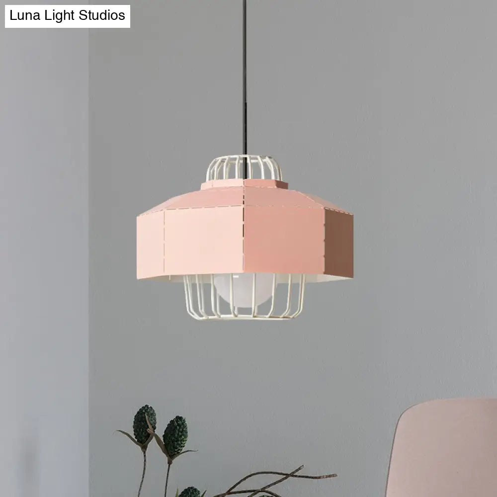 Laser Cut Hanging Lantern Macaron Pendant Light - Grey/Blue/Pink With Wire Cage Insert Pink