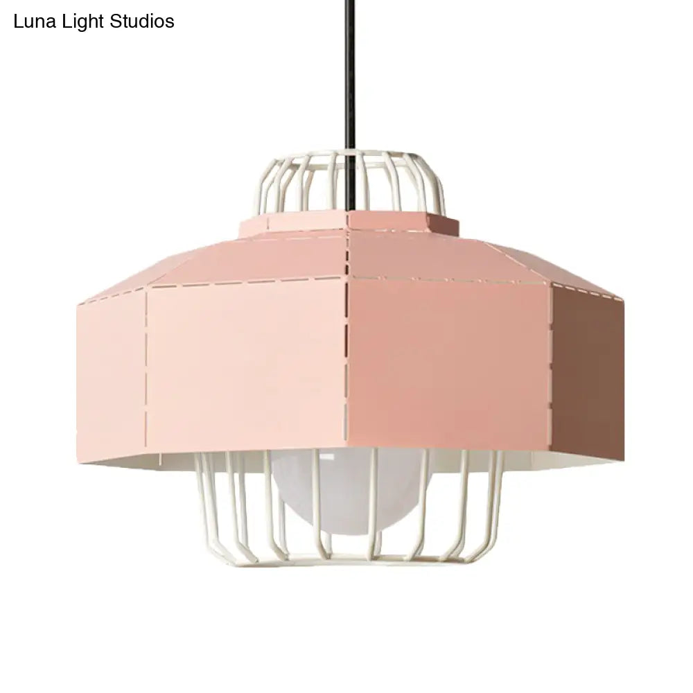Laser Cut Hanging Lantern Macaron Pendant Light - Grey/Blue/Pink With Wire Cage Insert