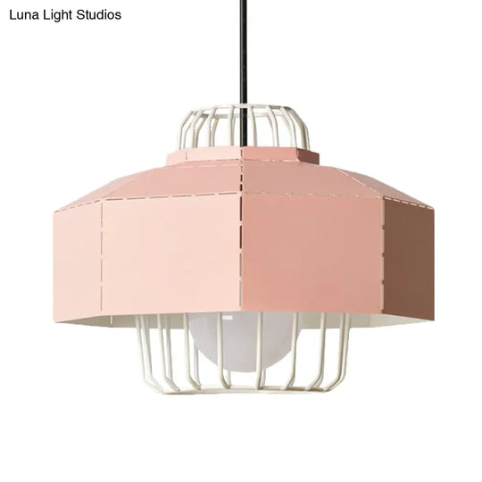 Laser Cut Hanging Lantern Macaron Pendant Light - Grey/Blue/Pink With Wire Cage Insert