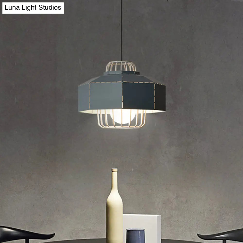Laser Cut Hanging Lantern Macaron Pendant Light - Grey/Blue/Pink With Wire Cage Insert Blue