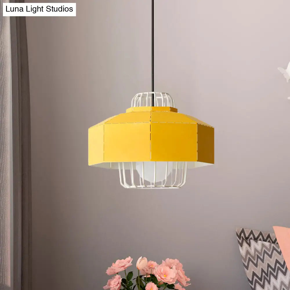 Laser Cut Hanging Lantern Macaron Pendant Light - Grey/Blue/Pink With Wire Cage Insert Yellow