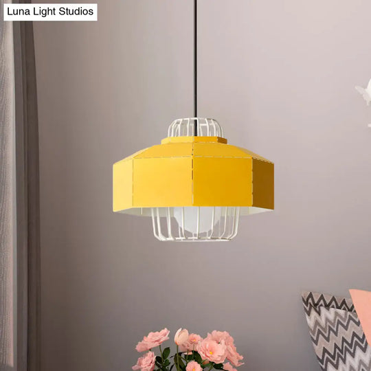 Laser Cut Hanging Lantern Macaron Pendant Light - Grey/Blue/Pink With Wire Cage Insert Yellow