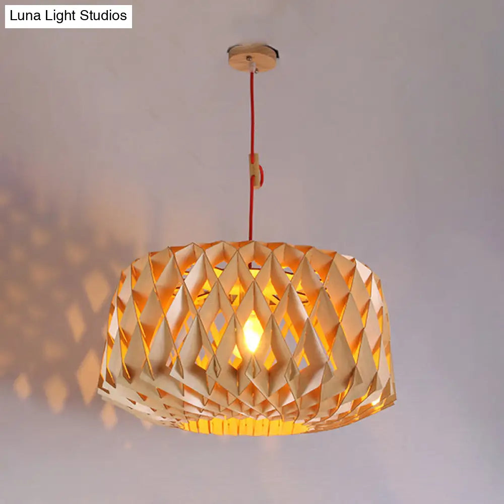 Laser Cut Japanese Wood Hanging Light - 1 Head Beige Ceiling Lamp 14/23 Wide