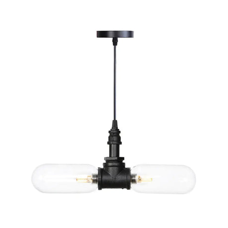 Laura - Black Clear Glass Capsule Shade Pendant Antiqued 2-Head Coffee Shop Led Ceiling Chandelier