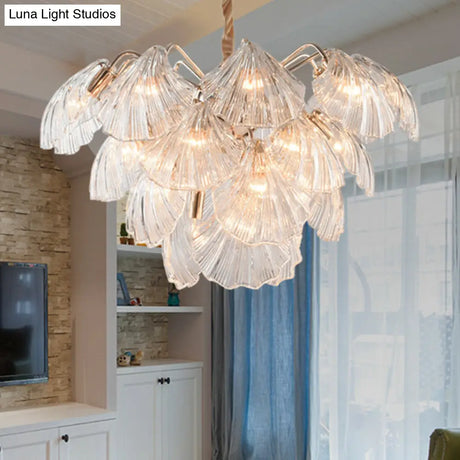 Layered Scallop Hanging Light - Nautical Gold Glass Pendant Chandelier (15/20 Bulbs)