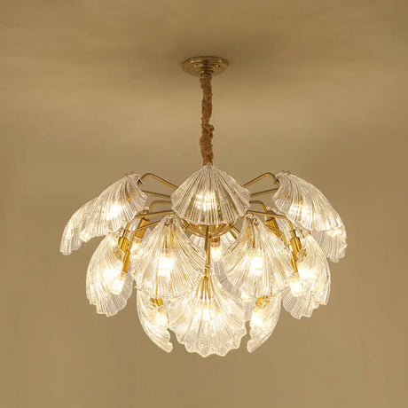 Layered Scallop Hanging Light - Nautical Gold Glass Pendant Chandelier (15/20 Bulbs) 15 /