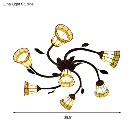 Leaf Design Tiffany Glass Ceiling Light - Rustic Cone Shade Swirl Arm Semi Flush Mount 7 Lights