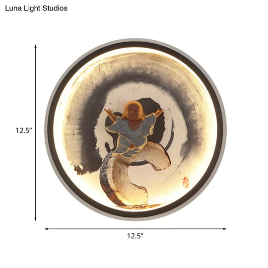 Led Asian Buddha Boy Mural Lamp: Wall Mounted Aluminum Lighting With Black Halo Ring - Ideal For