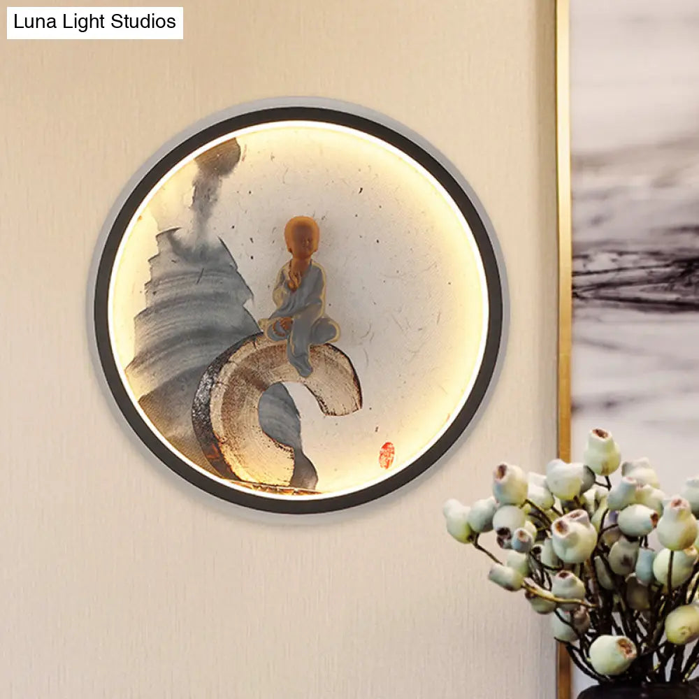 Led Asian Buddha Boy Mural Lamp: Wall Mounted Aluminum Lighting With Black Halo Ring - Ideal For