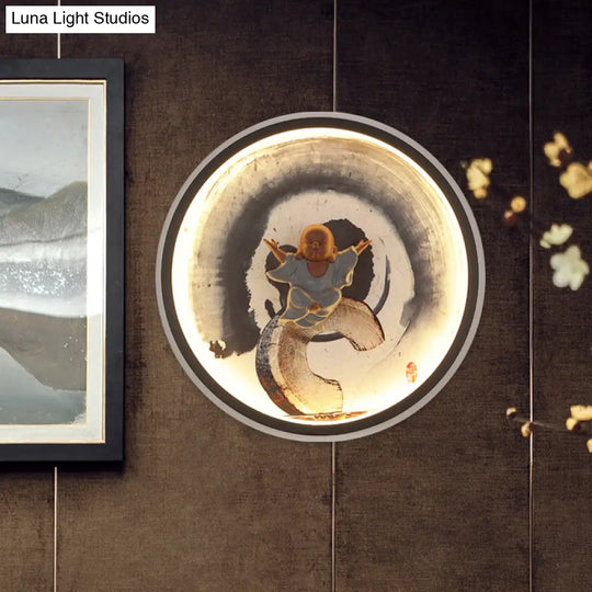 Led Asian Buddha Boy Mural Lamp: Wall Mounted Aluminum Lighting With Black Halo Ring - Ideal For