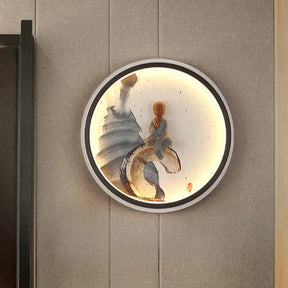 Led Asian Buddha Boy Mural Lamp: Wall Mounted Aluminum Lighting With Black Halo Ring - Ideal For