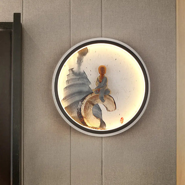 Led Asian Buddha Boy Mural Lamp: Wall Mounted Aluminum Lighting With Black Halo Ring - Ideal For