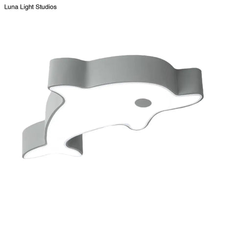 Led Bedroom Ceiling Flush Mount Dolphin Acrylic Shade Light In Cartoon Grey/Blue/Green Finish
