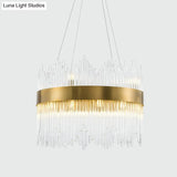 Led Brass Chandelier Light Fixture - Round Crystal Rod Suspension Waterfall Design 25.5’/31.5