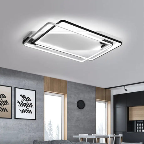 Led Ceiling Light Fixture - Modern Black - White Aluminum Overlapping Rectangle Flush Mount For