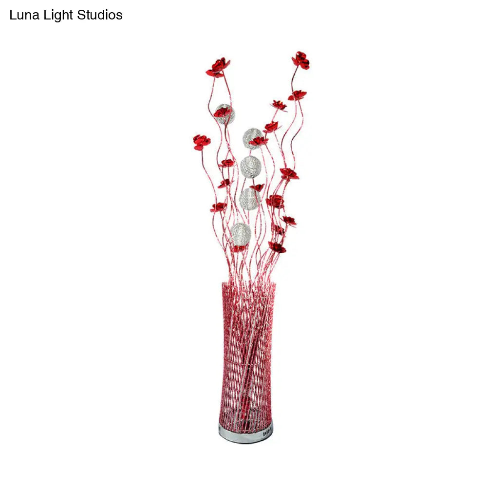 Led Decorative Aluminum Floor Reading Lamp - Twill Cylinder Style In Red/Gold With Bloom Design