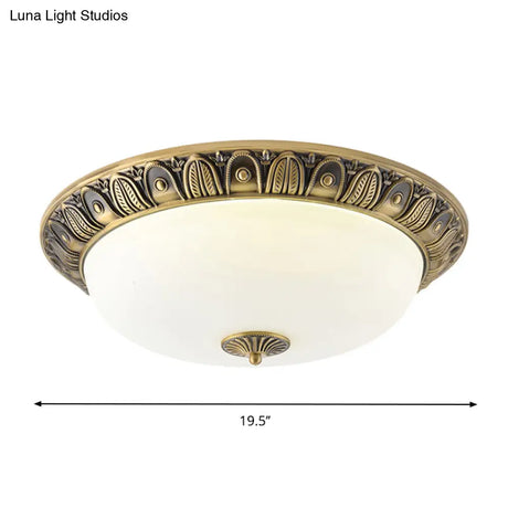 Led Dome Ceiling Lamp Fixture - Wide Antiqued Brass Finish With Opal Glass Flushmount Lighting