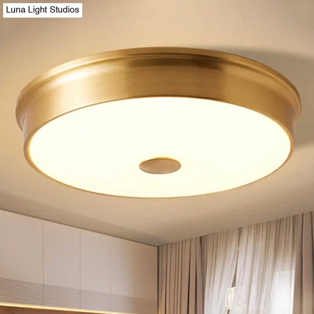 Led Drum Flush Mount Lighting White Glass Ceiling Fixture For Living Room In Warm/White Light