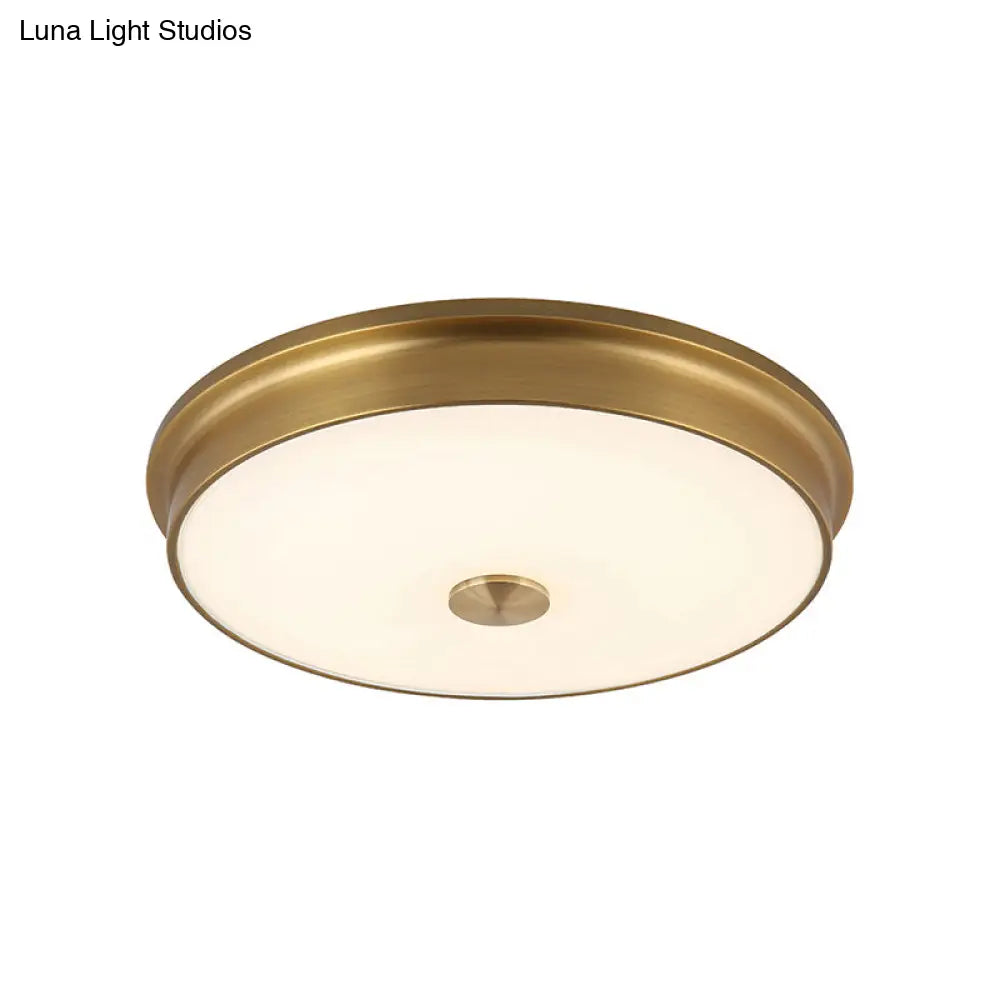 Led Drum Flush Mount Lighting White Glass Ceiling Fixture For Living Room In Warm/White Light