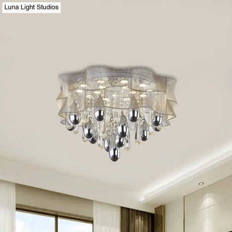 Led Flush Mount Beige Sheer Ceiling Lamp With Crystal Droplet - 20’/25.5’ Wide