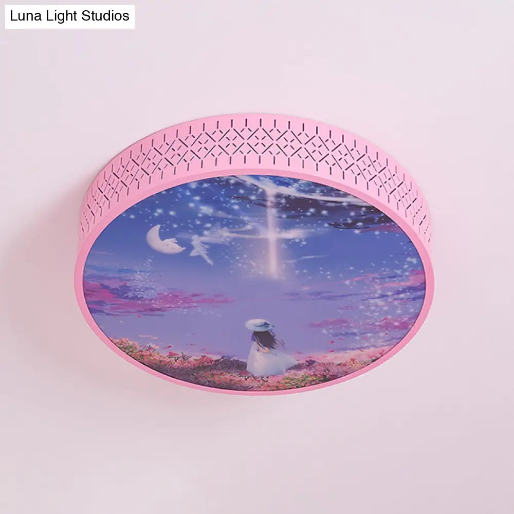 Led Flush - Mount Ceiling Light: Pink Girl Under Starry Sky Design With Acrylic Shade And Laser Cut