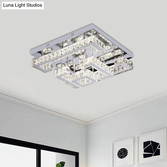 Led Guest Room Ceiling Lamp - Minimalist Chrome Semi Flush With Tiered Square Crystal Shade / Remote