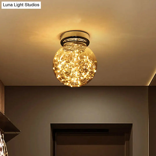 Led Kitchen Flush Mount Light - Stainless-Steel Starry Ceiling Lighting With Glass Shade Amber /