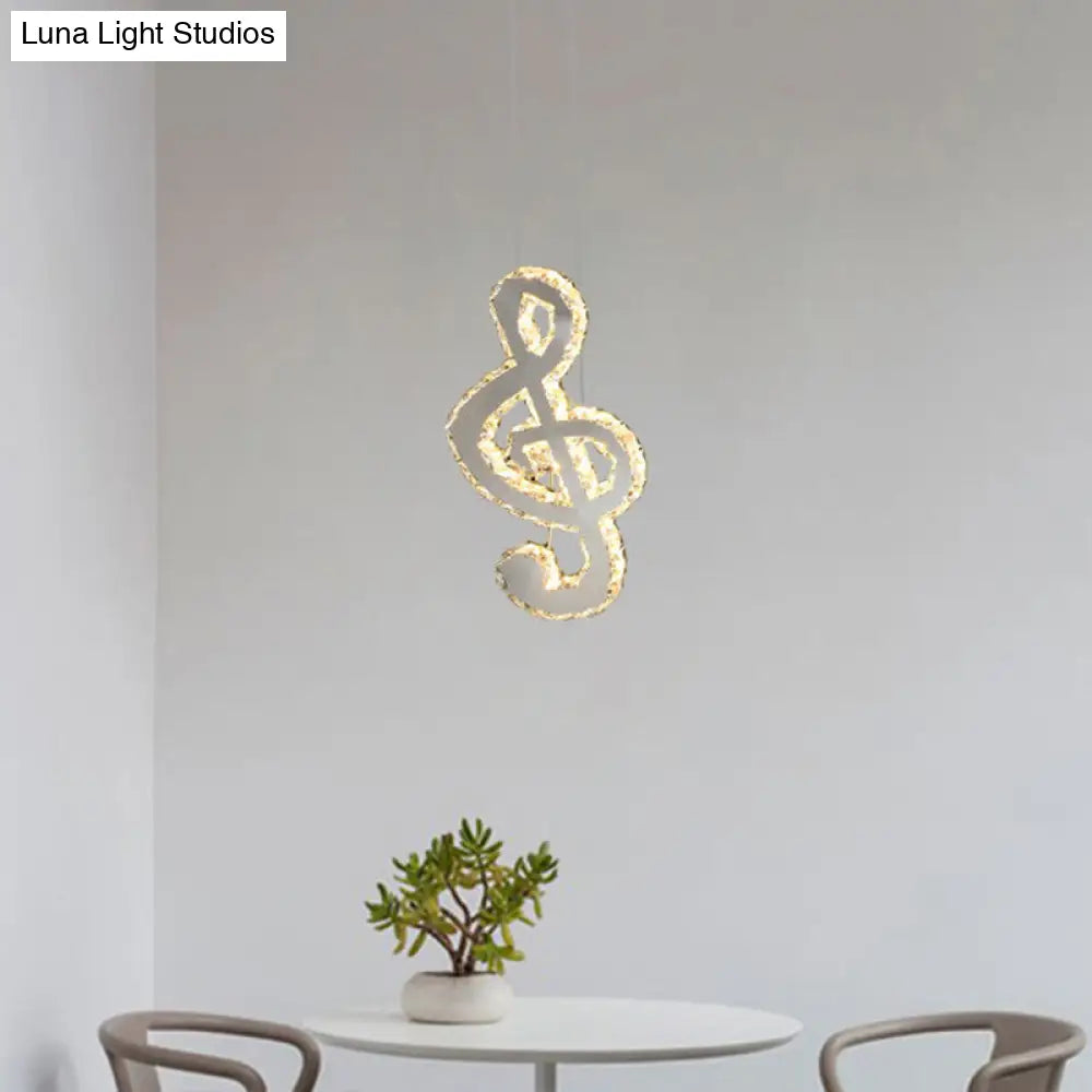 Led Music Note Pendant Light - Contemporary Stainless-Steel Clear Cut Crystal Mini Hanging Lamp