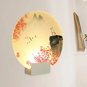 Led Oriental Style Wall Lamp With White Acrylic Shade - Mountain And Flower Design
