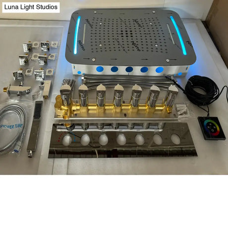 LED Shower Ceiling Large Rainfall Bathroom Thermostatic Faucets Set Waterfall Mist Bubble Showerhead 6 Functions System