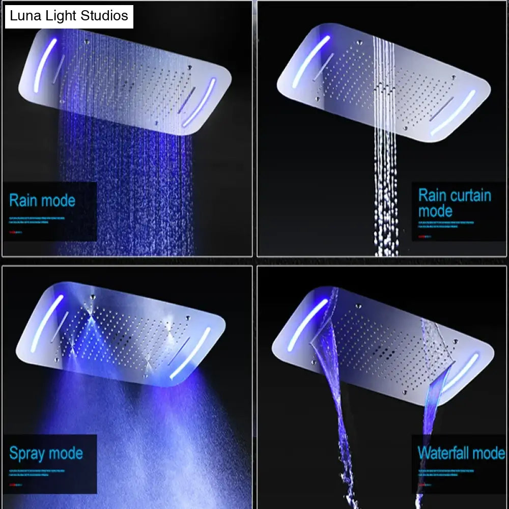 LED Shower Ceiling Large Rainfall Bathroom Thermostatic Faucets Set Waterfall Mist Bubble Showerhead 6 Functions System