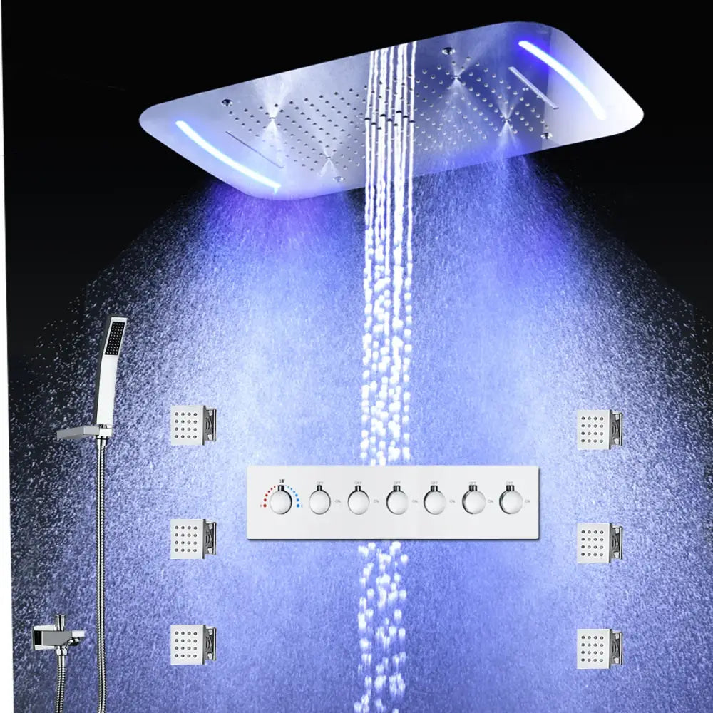 LED Shower Ceiling Large Rainfall Bathroom Thermostatic Faucets Set Waterfall Mist Bubble Showerhead 6 Functions System