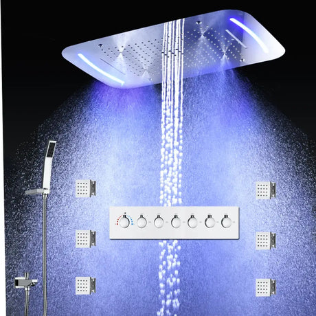LED Shower Ceiling Large Rainfall Bathroom Thermostatic Faucets Set Waterfall Mist Bubble Showerhead 6 Functions System