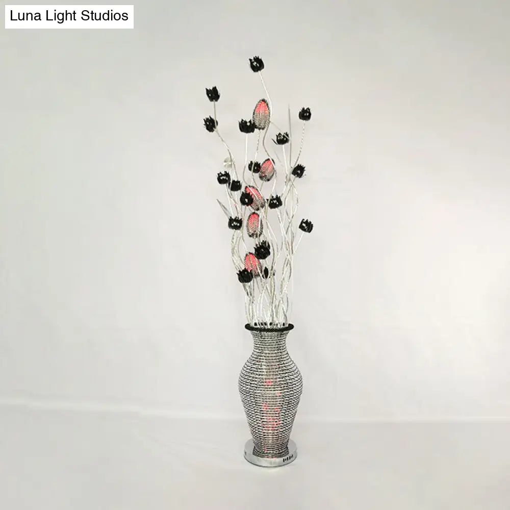 Led Standing Lamp With Art Decor Cutout Vase & Floret Design In Black