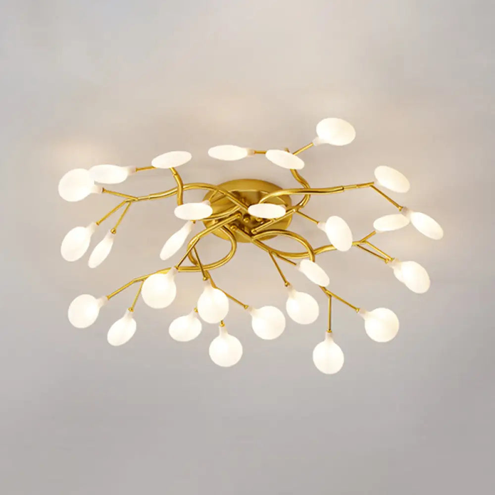 Led Tree Branch Semi Flush Chandelier Light For Living Room With Firefly Shade - Modern Metallic