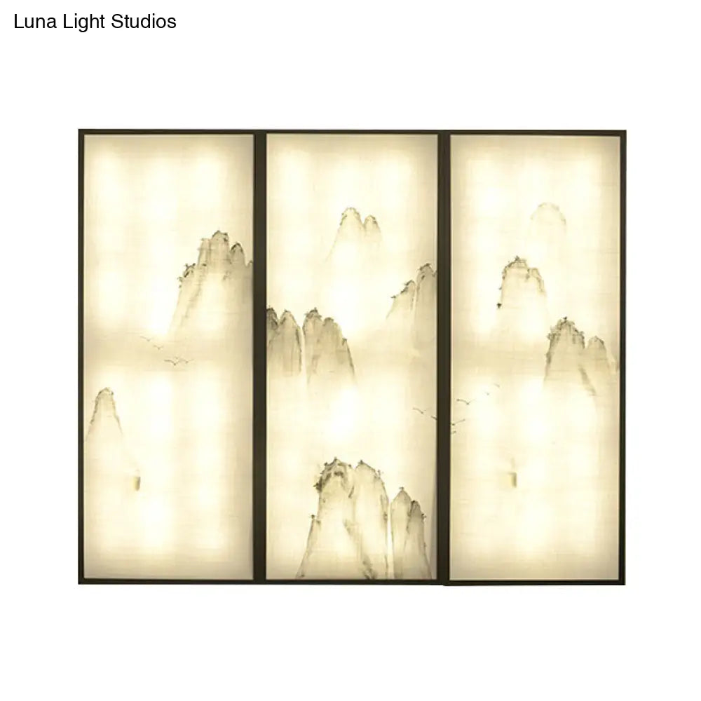 Light Fabric Asian Wall Mural With Led Sconce Lighting - Hills Drawing Bedroom Décor