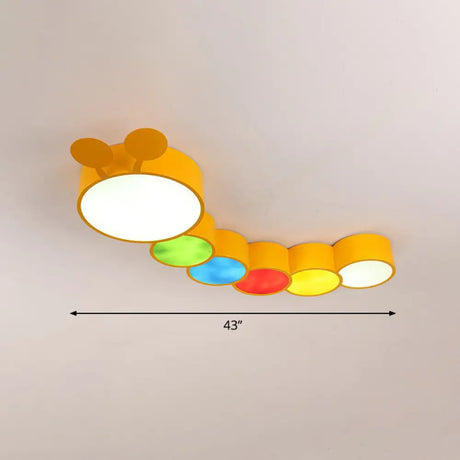 Lighting Up Learning: Yellow Metal LED Flush Mount Fixture with Adorable Cartoon Caterpillar Design for Kindergarten