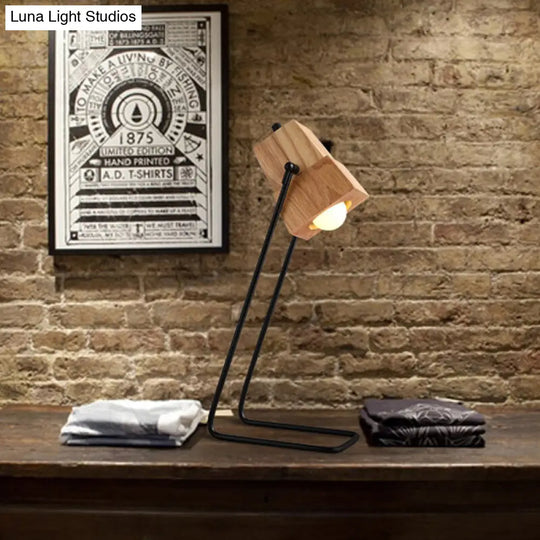 Modern Farmhouse Wooden Led Nightstand Lamp With Angled Base - Black Trapezoid Design