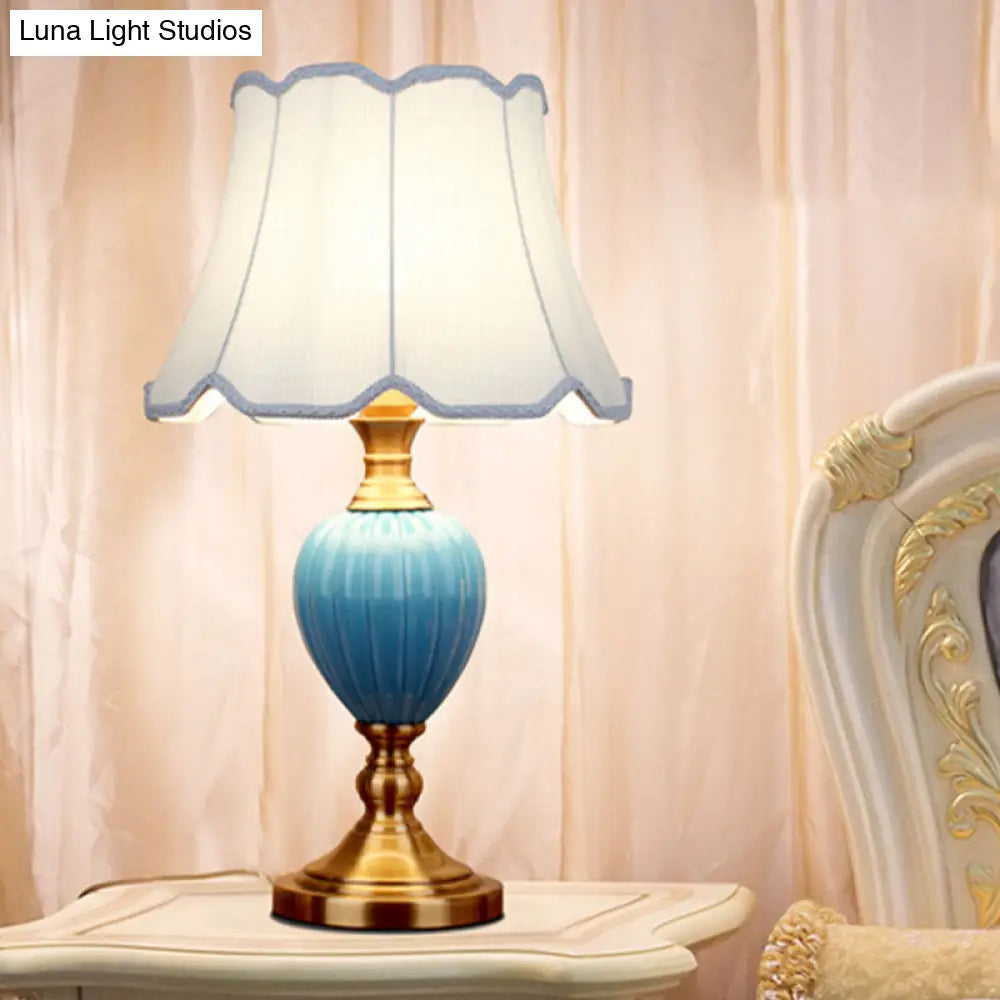 1-Light Retro Sky Blue Night Lamp With Pleated/Paneled Fabric Shade And Ceramic Base